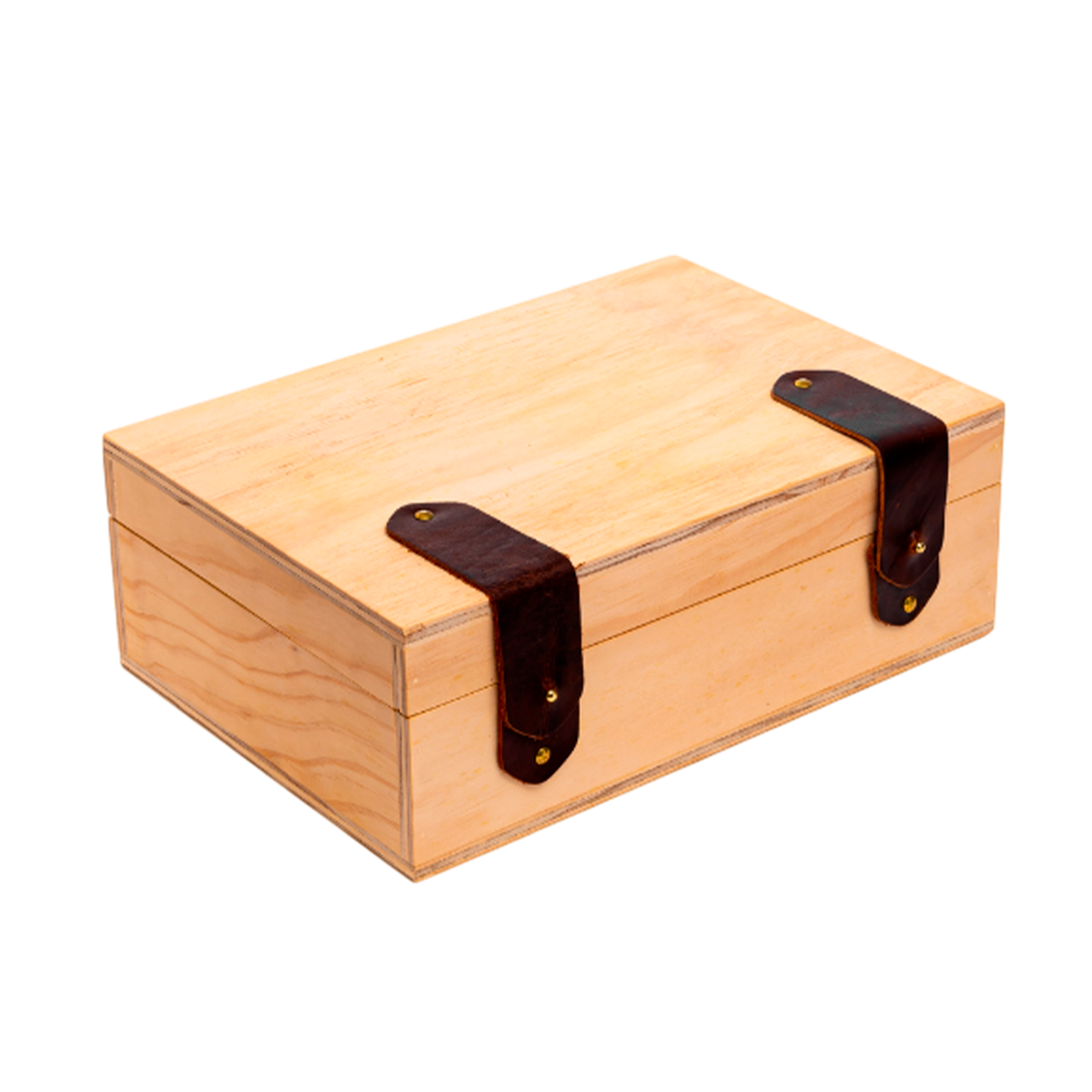 CAJA DE MADERA TIPO COFRE CON CIERRE DE CUERO