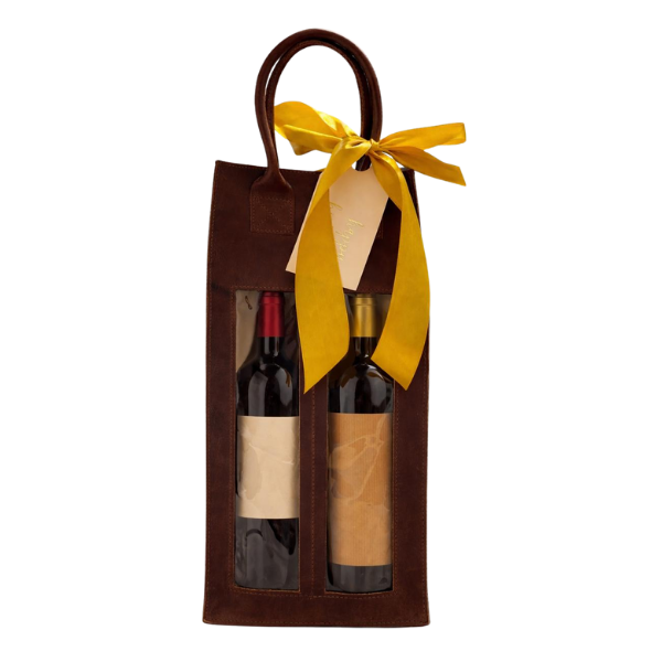 BOLSA DE CUERO PARA DOS BOTELLAS, CON VENTANA